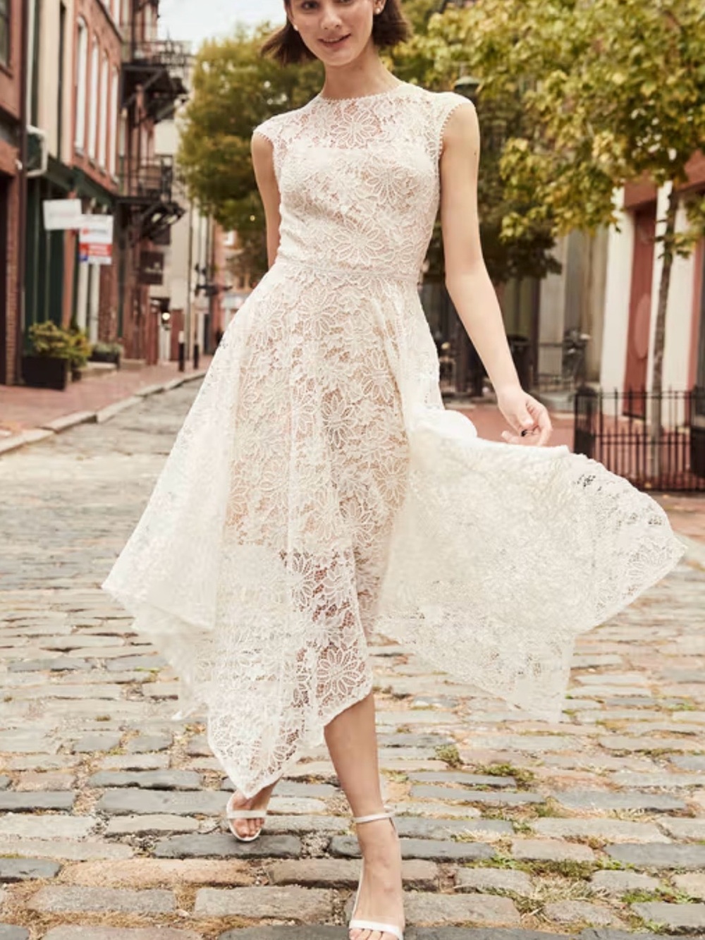 David's Bridal Ivory Lace Midi Dress with Sheer Floral Overlay